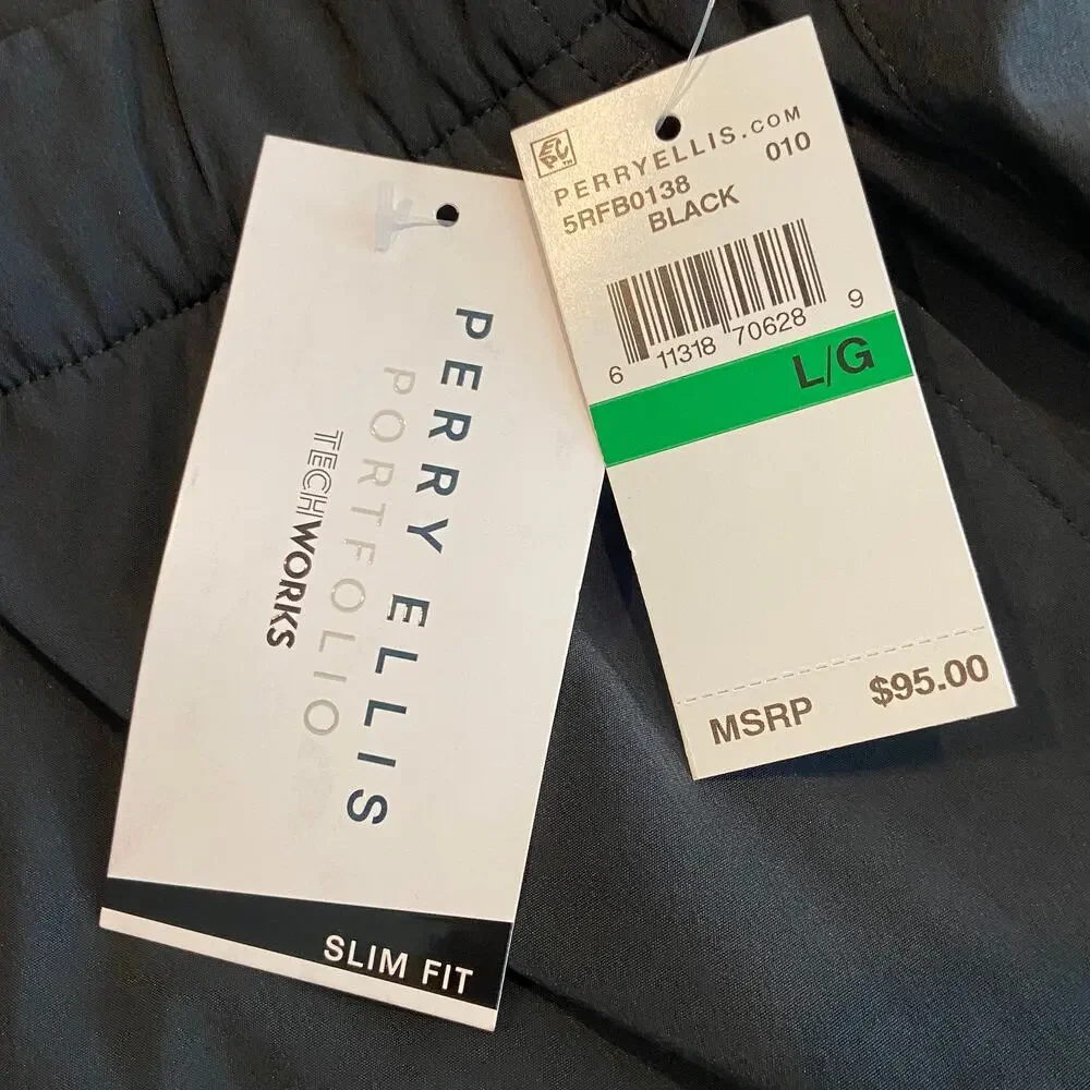 Perry Ellis Men's Large Techworks Pant Slim Fit Stretch Drawstring Black NEW